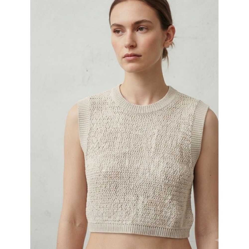 a. ren Cotton Knit Textured Sleeveless Cropped Sweater Vest Cream‎ S